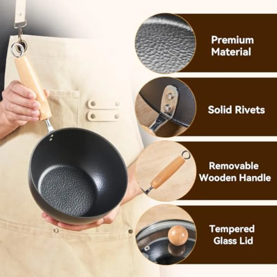 1.5QT iron saucepan with lid for ramen boiling, hammered milk pot in matte black, removable wood handle for camping storage, in