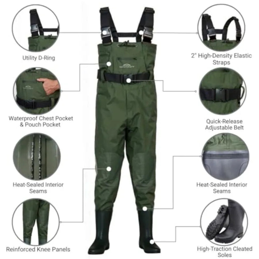 Fishing waders with boots for men and women, 700D nylon/PVC waterproof material, black, reinforced knees and 2-inch elastic adj