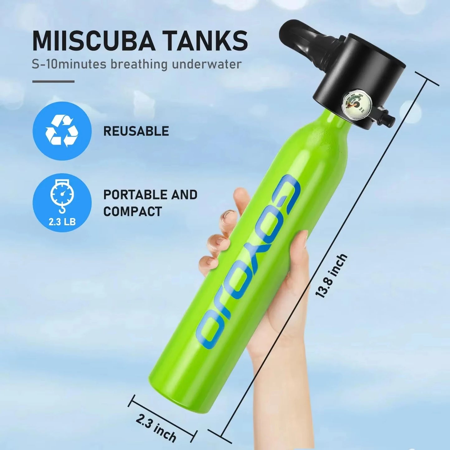 GOYOJO Mini Scuba Tank 0.5L Portable Reusable Diving Tank With  flashlight Emergency Diving Cylinder for Snorkeling, Freediving, Boat Cleaning & Air Backup Lightweight & Compact Design Pony Bottle