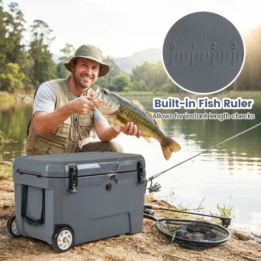 52 Quart Portable Hard Cooler 6-Day Ice Retention Wheels Gray Chest Outdoor Box
