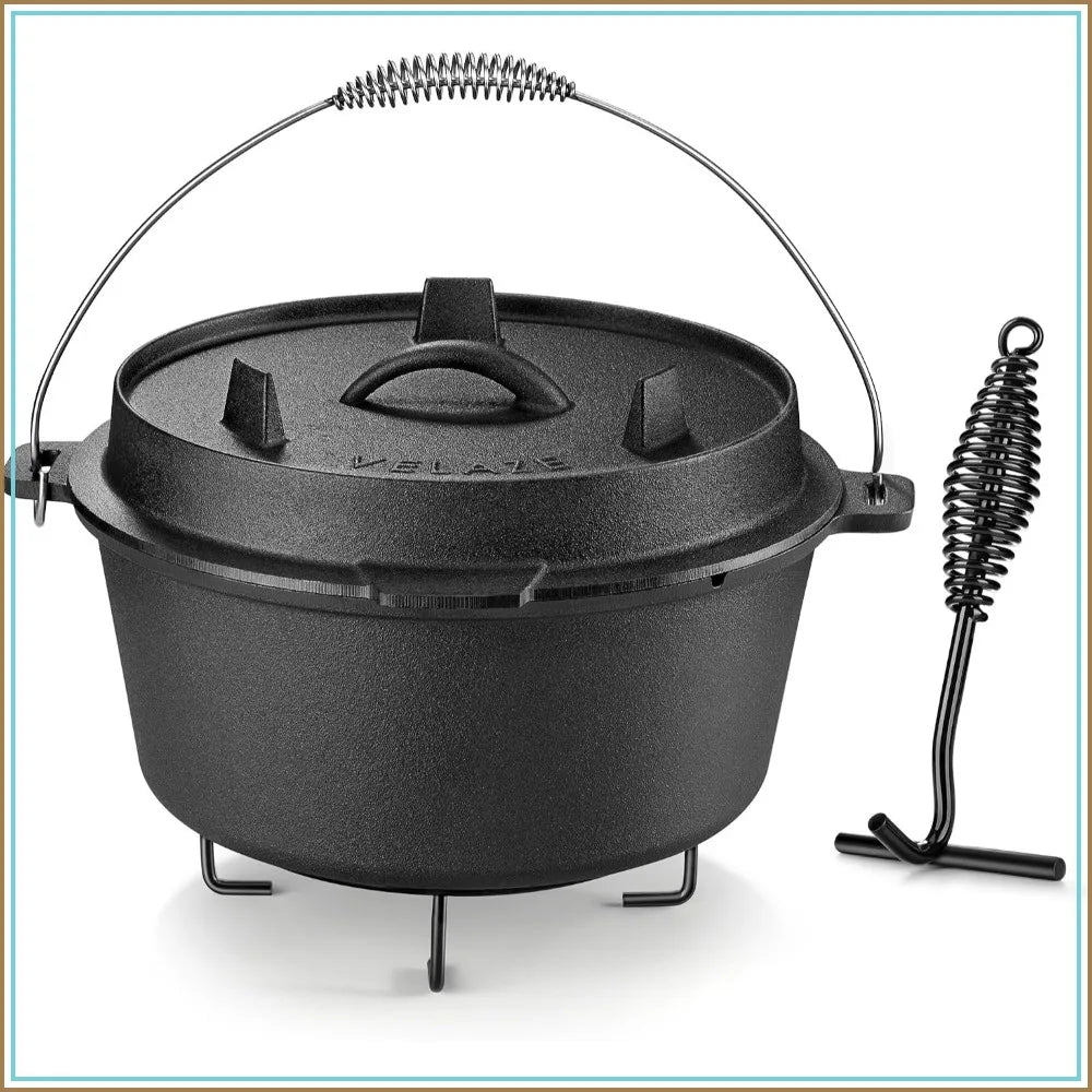 10QT Camping Dutch Oven, Pre-Seasoned Cast Iron Pot with Lid, for Oven, Stove, Grill, or Campfire - Includes Handle, Lid Lifter, and Stand