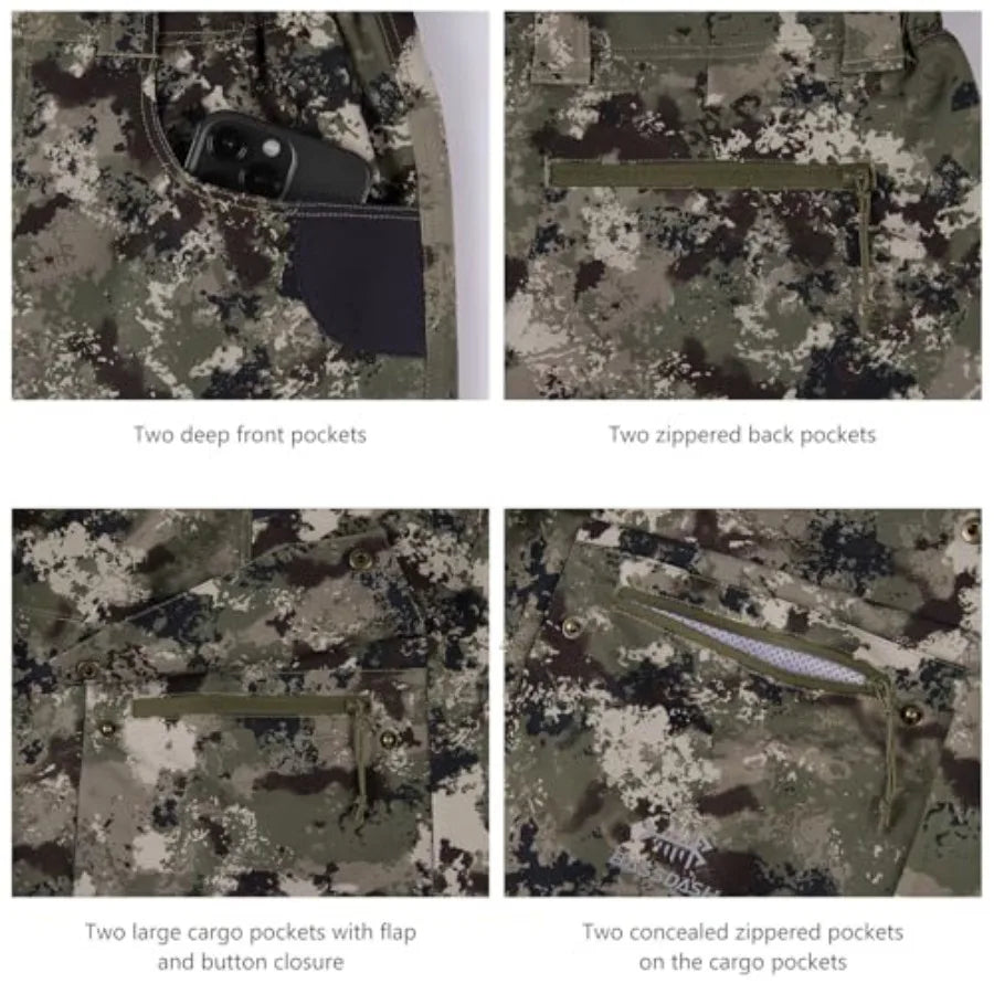 Hunting pants for men, stretch nylon blend, camo pattern, water-resistant finish
