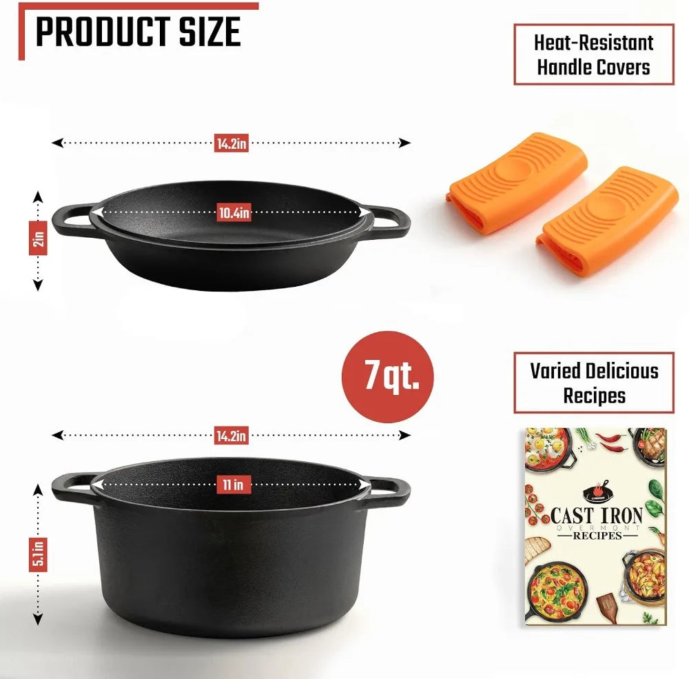 2-In-1 Pre-Seasoned Cast Iron Dutch Oven & Skillet Lid, Heavy Duty Pot with Handle Covers, for Sourdough Baking, Frying, Camping