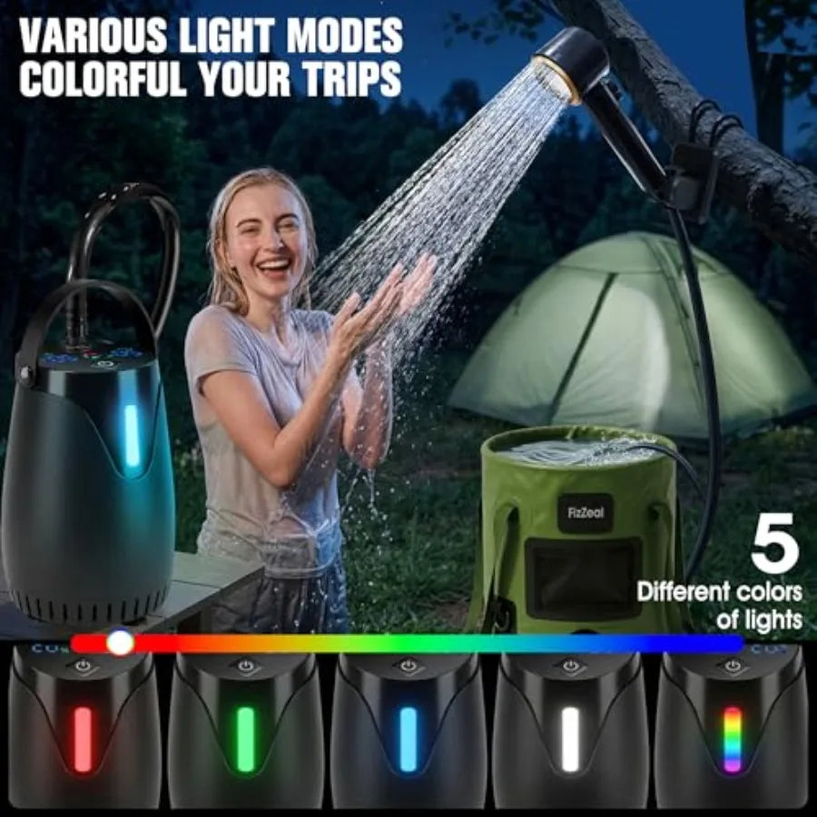 Portable Shower for Camping, 8000mAh Rechargeable Portable Camping Shower Pump with 6.6 Gallons Foldable Bucket, 5 Speed and LE