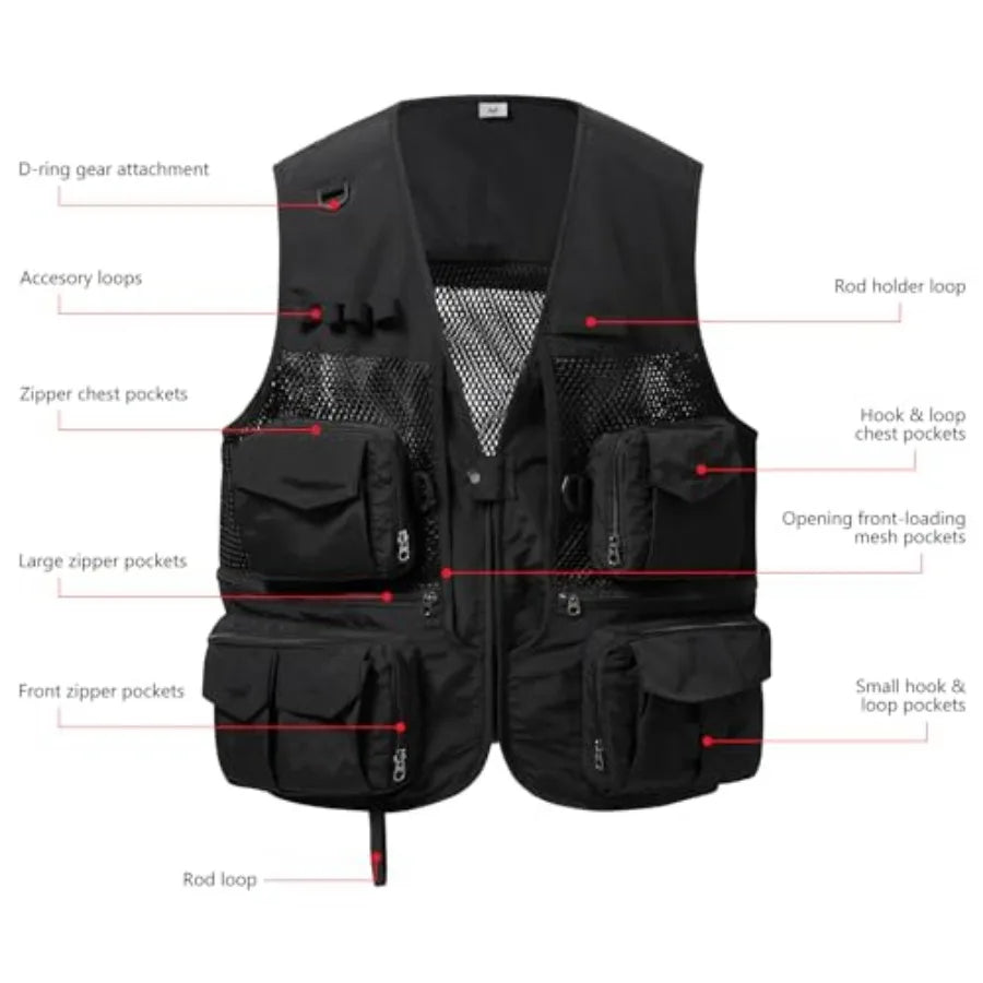 BASSDASH Men's Women's Utility Fishing Cargo Vest Outdoor Safari Photography Work Vest with Multi Pockets Mesh Back FV14
