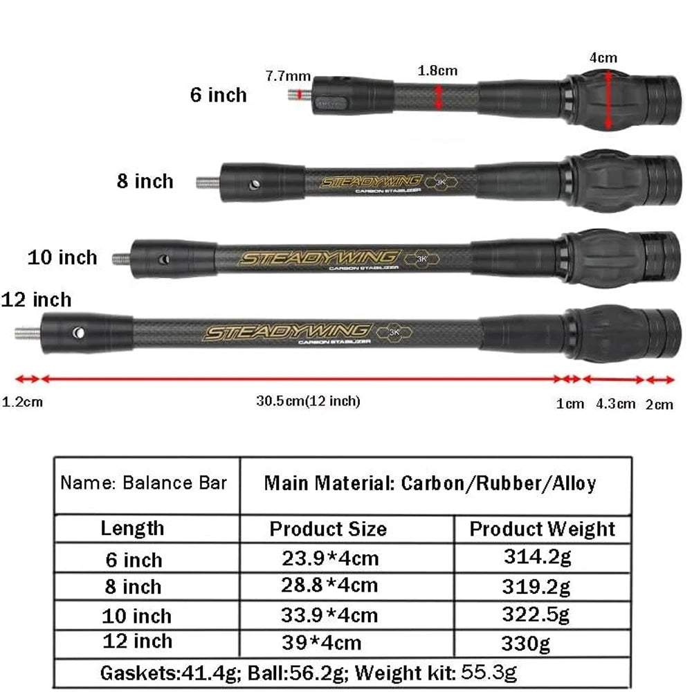 Archery Bow Stabilizer 3k Carbon Fibre 6/8/10/12/15 Inch Balance Rod Shock Absorber Damp Recurve Compound Bow Hunting Shooting