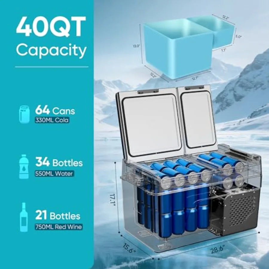Car refrigerator for travel, camping, RV, home use; black ABS plastic; -468 dual-zone cooling; 12/24V DC 100-240V AC portable e