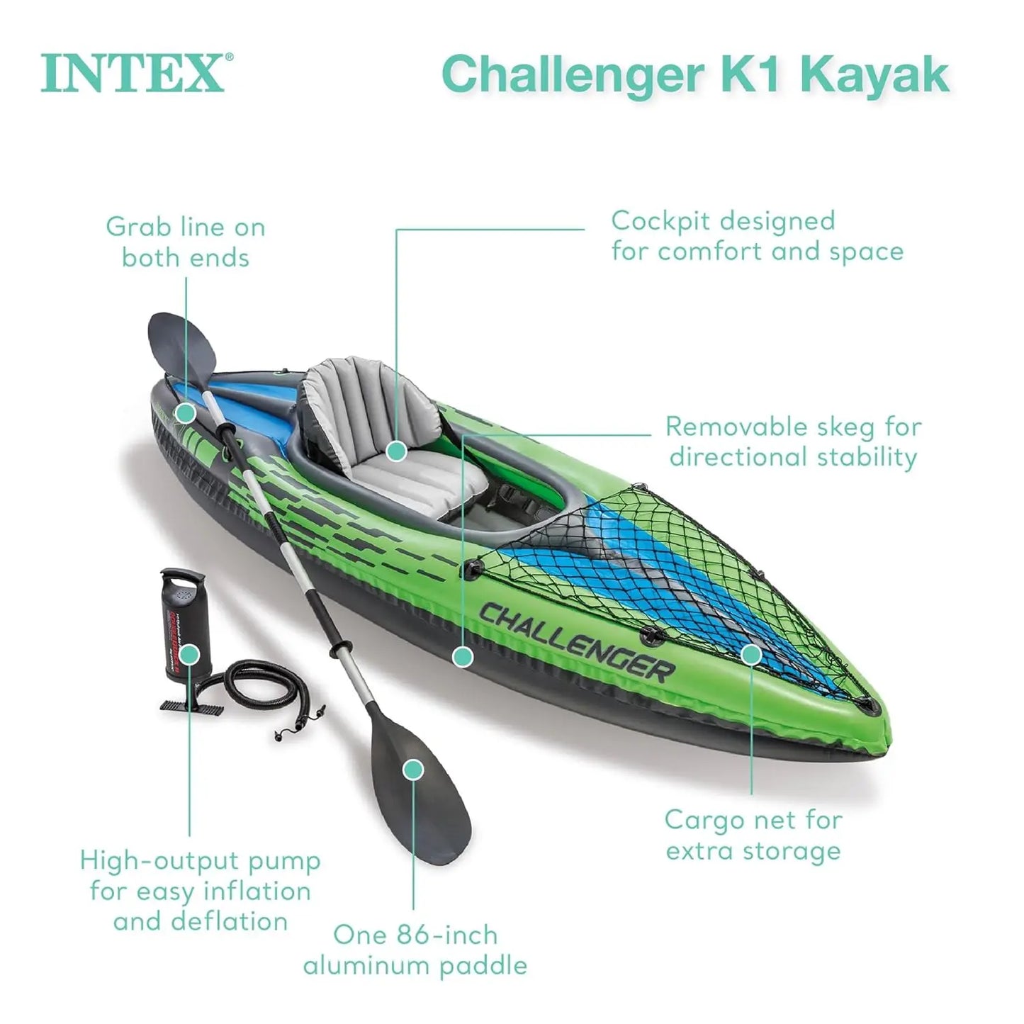 Challenger K1 1 Person Durable Vinyl Streamline Sporty Kayak with Inflatable Seat and Backrest, Oar, Pump, Carrying, Custom