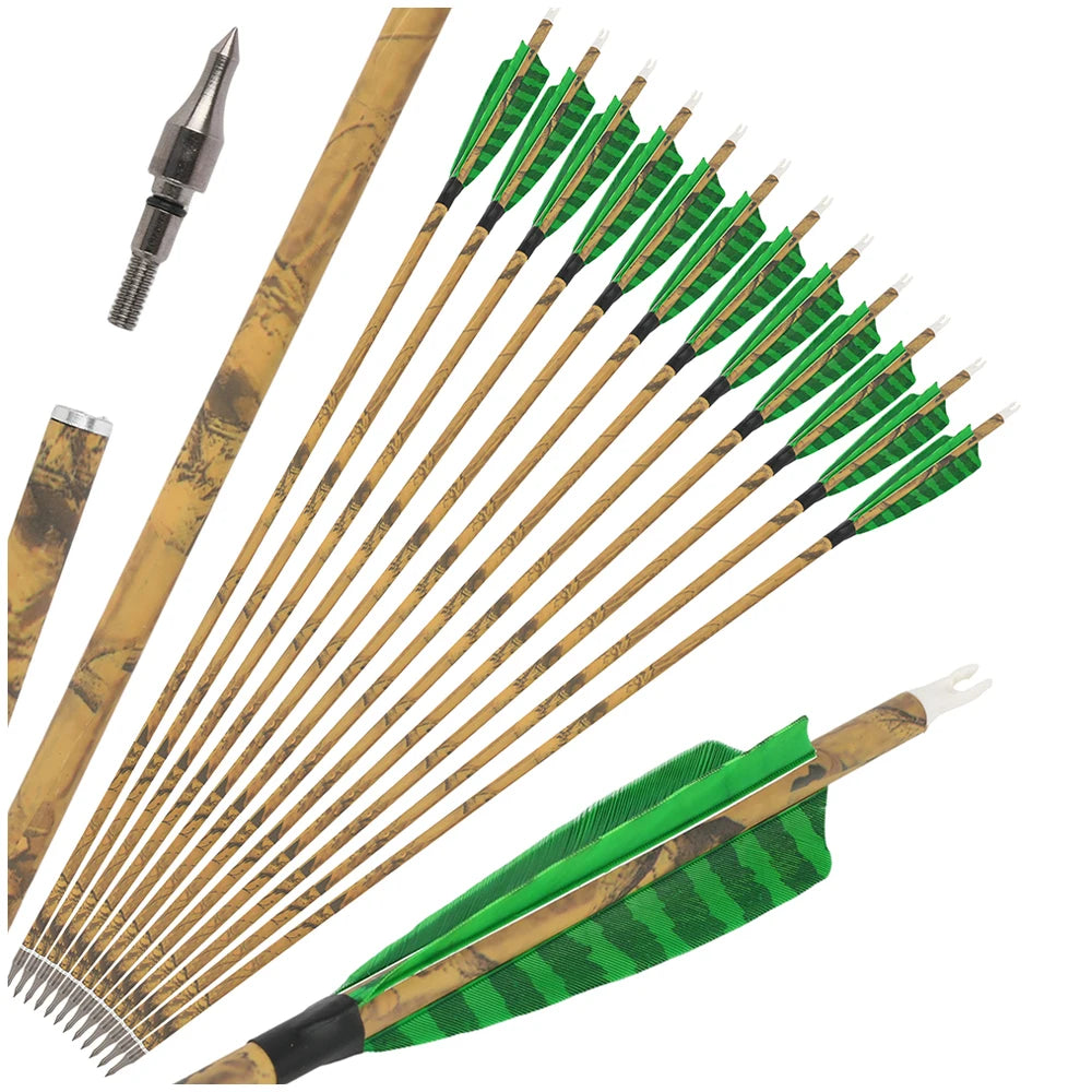 12PCS 30inch Archery Carbon Arrows 4" Natural Feather 500 Spine Removable Tips for Compound Recurve Bow Hunting Target