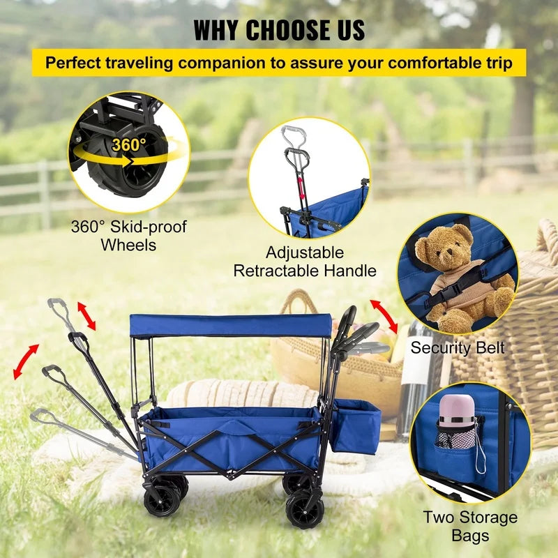 Blue Collapsible Garden Cart with Removable Canopy, Folding Wagon for Garden, Camping, Grocery, Shopping