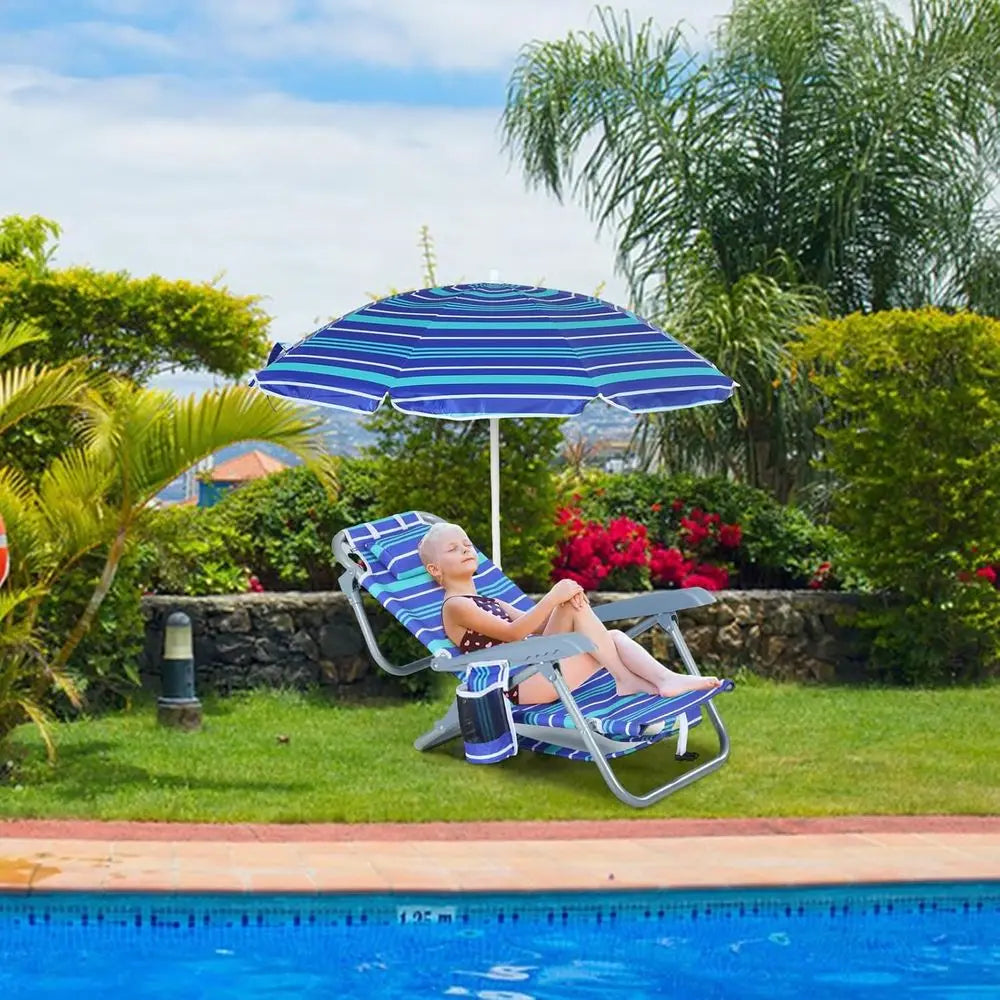 Portable Reclining Beach Chair with Umbrella and Cup Holder for Kids, Suitable for Beach, Camping, and Picnics