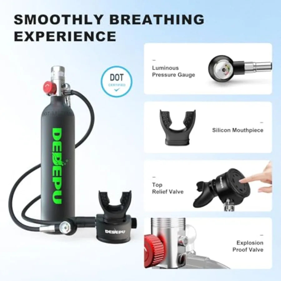 Mini scuba tank for snorkeling and shallow diving, aluminum alloy, black, 1L capacity with integrated snorkel mask, 15-20 min a
