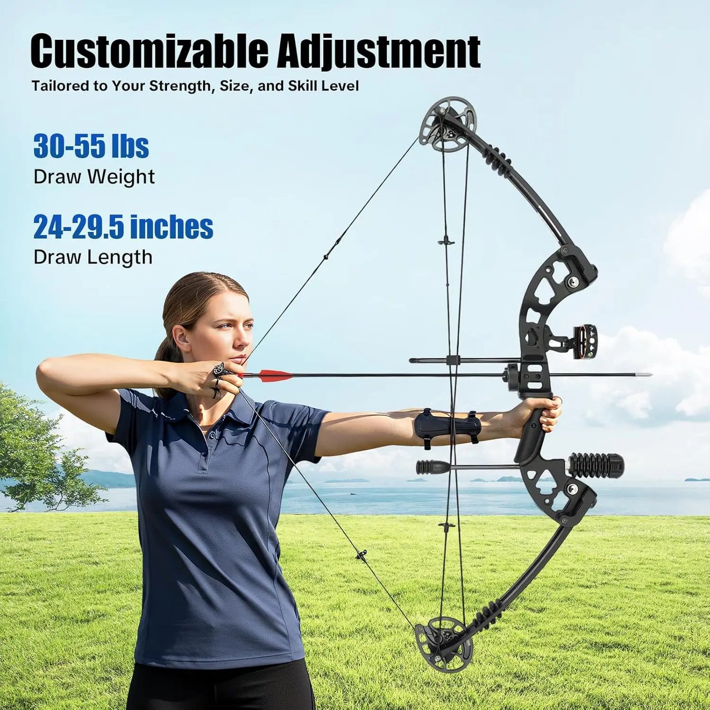 Right Hand Compound Bow and Archery Bow Kit for Adults, 30-55lbs Adjustable Draw Weight Hunting Bow Set with 3-Pin Lighted Sight and 12 Arrows