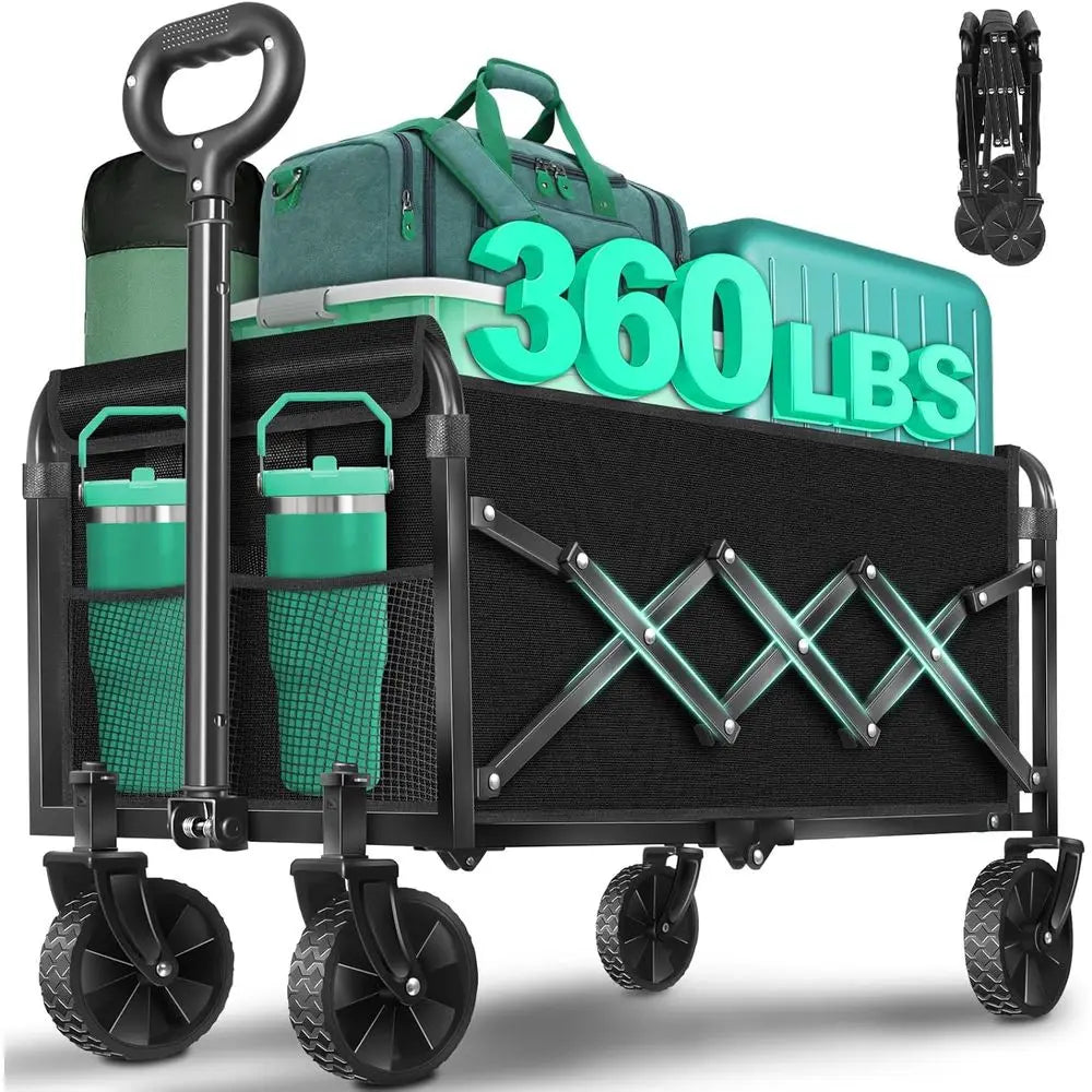 Collapsible Wagon Cart with Wheels, 360 Lbs Heavy Duty Folding Utility Wagon - Portable All Terrain Grocery Cart for Outdoor/Cam