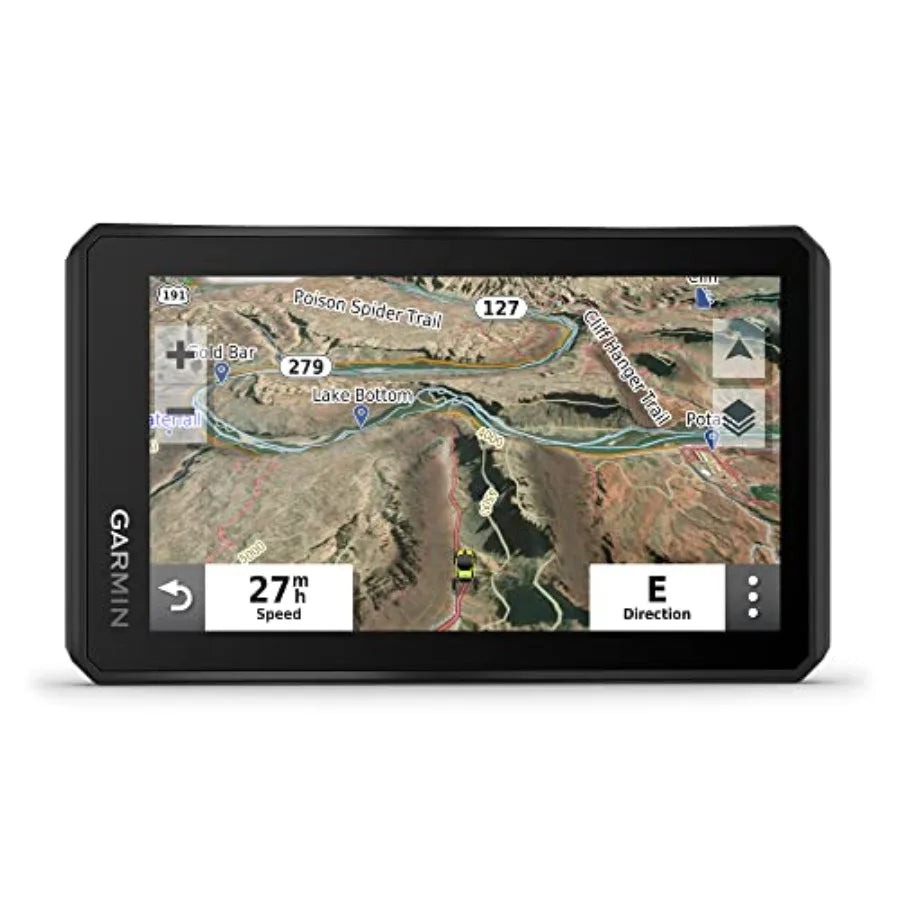 Off-Road Navigator for Powersport use, rugged polymer housing, black finish, 5.5 sunlight-readable display with topographic map