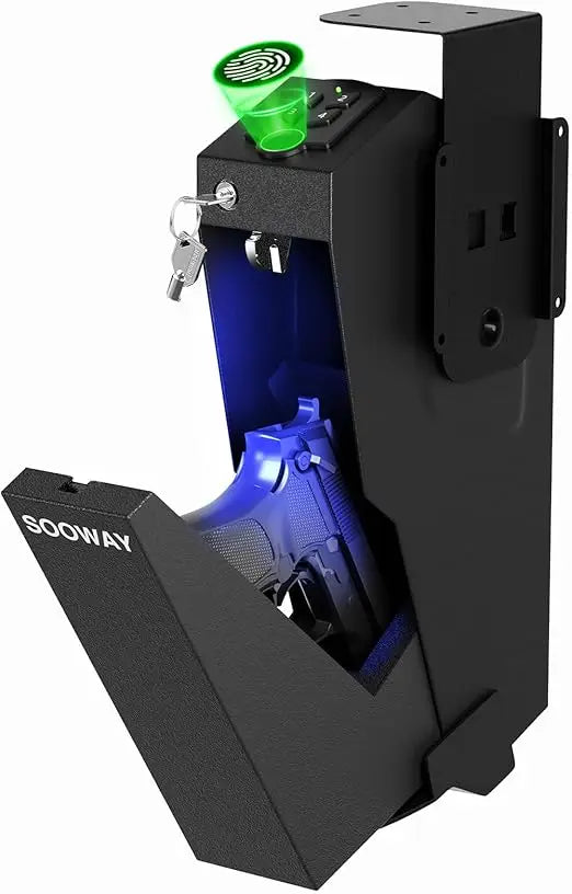Gun Safe, Mounted Biometric Pistol Safe Drop Down Gun Lock Box for Handgun with 3 Ways Quick Access Bedside Pistol Case for Nigh