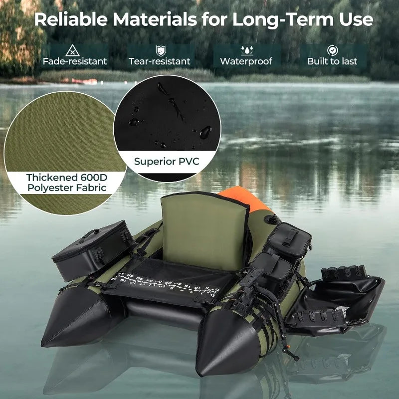 Fishing Float Tube, Inflatable Belly Boat with Fish Finder Holder, Rod Rack, Fish Ruler, Manual Pump & Detachable Storage