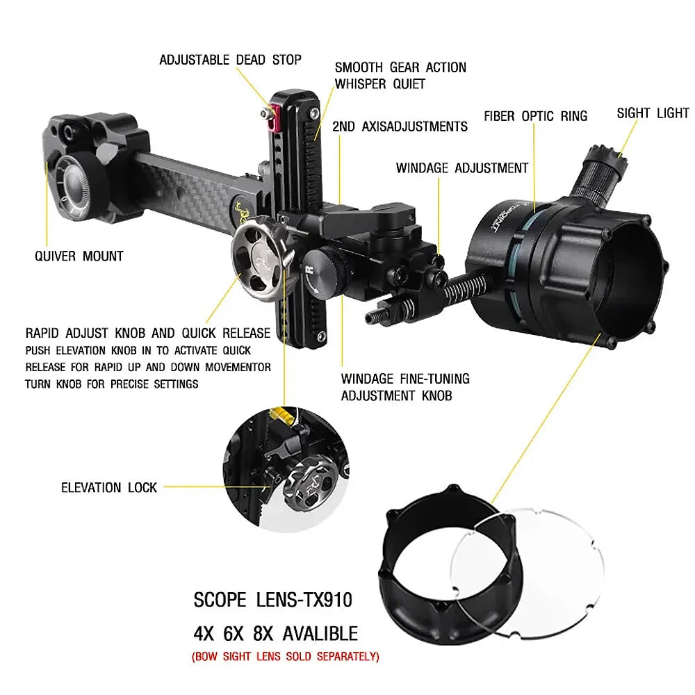 1pc 4/6/8x Lens Compound Bow Single Pin Sight Carbon Fiber Rod Adjustable for Bow Outdoor Hunting Shooting Bow Aiming Tool