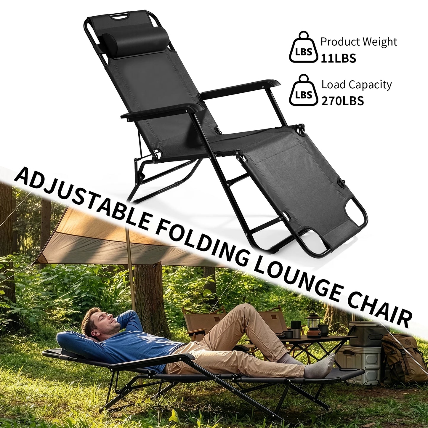 Portable Dual Purposes Extendable Folding Reclining Chair Steel Tube Oxford Fabric Heavy Duty for Home Outdoor Camping Black