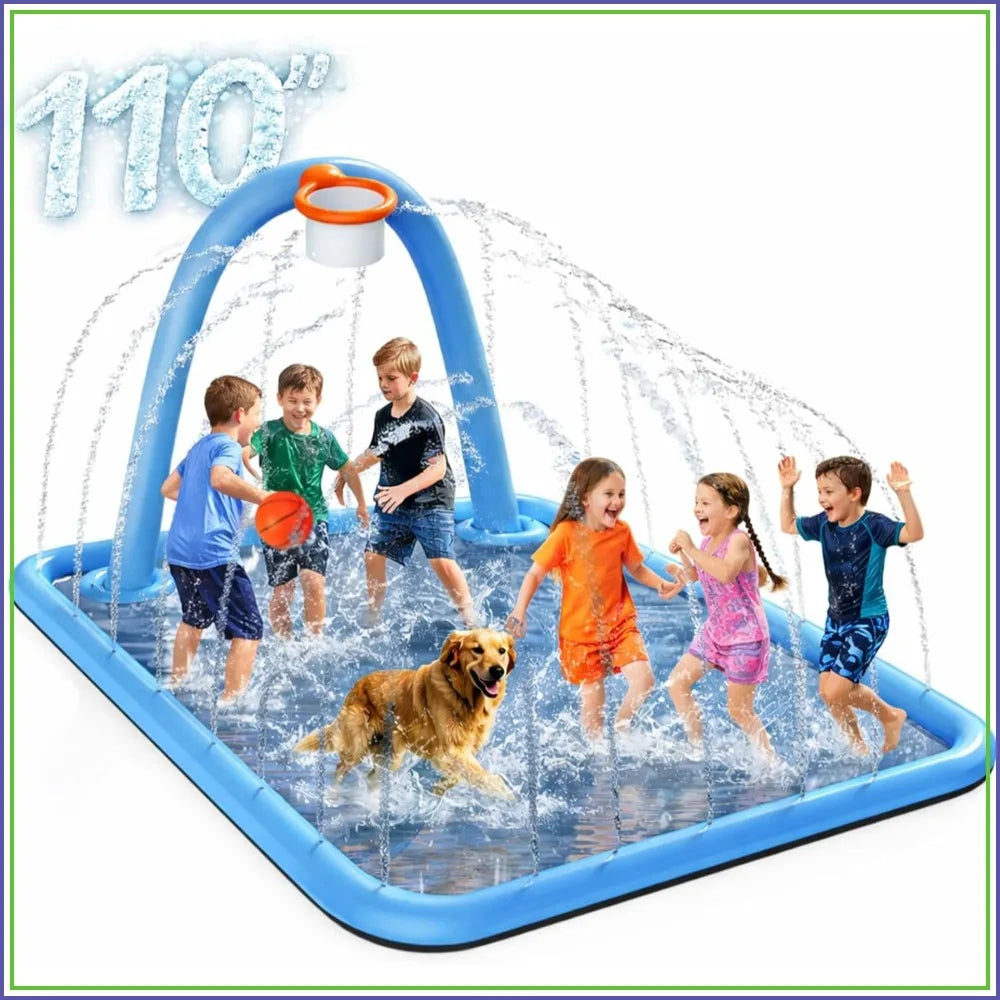 110'' Large Splash Pad with Basketball Hoop, Non-Slip Sprinkler Mat, Foldable Outdoor Summer Water Toys