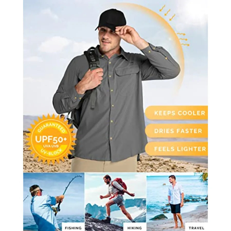 33000Feet Men's Long Sleeve Sun Protection Shirt UPF 50+ UV Quick Dry Cooling Fishing Shirts for Travel Safari Camping Hiking