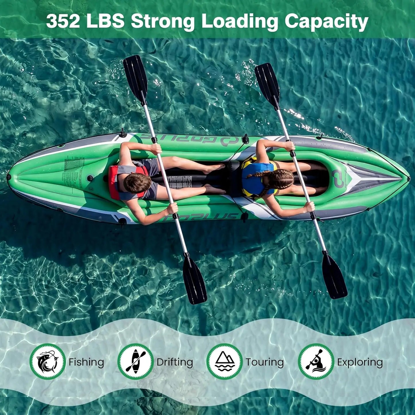 11.5 Ft Heavy Duty Inflatable Tandem Kayak for Two Adults - Includes Aluminum Paddles, Seats, Footrest, Hand Pump - Blow Up Canoe for Fishing in Lake and River