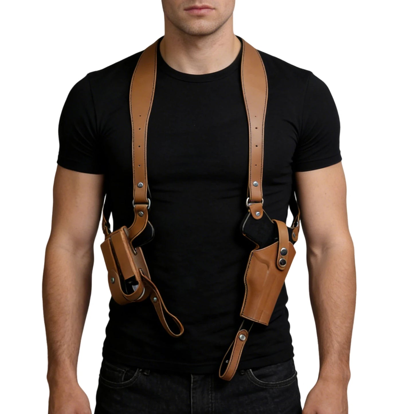 Leather General Vertical Gun Holster with Double Magazine Pouch Forearm Hidden Shoulder Holster Universal Fit for Most Pistols