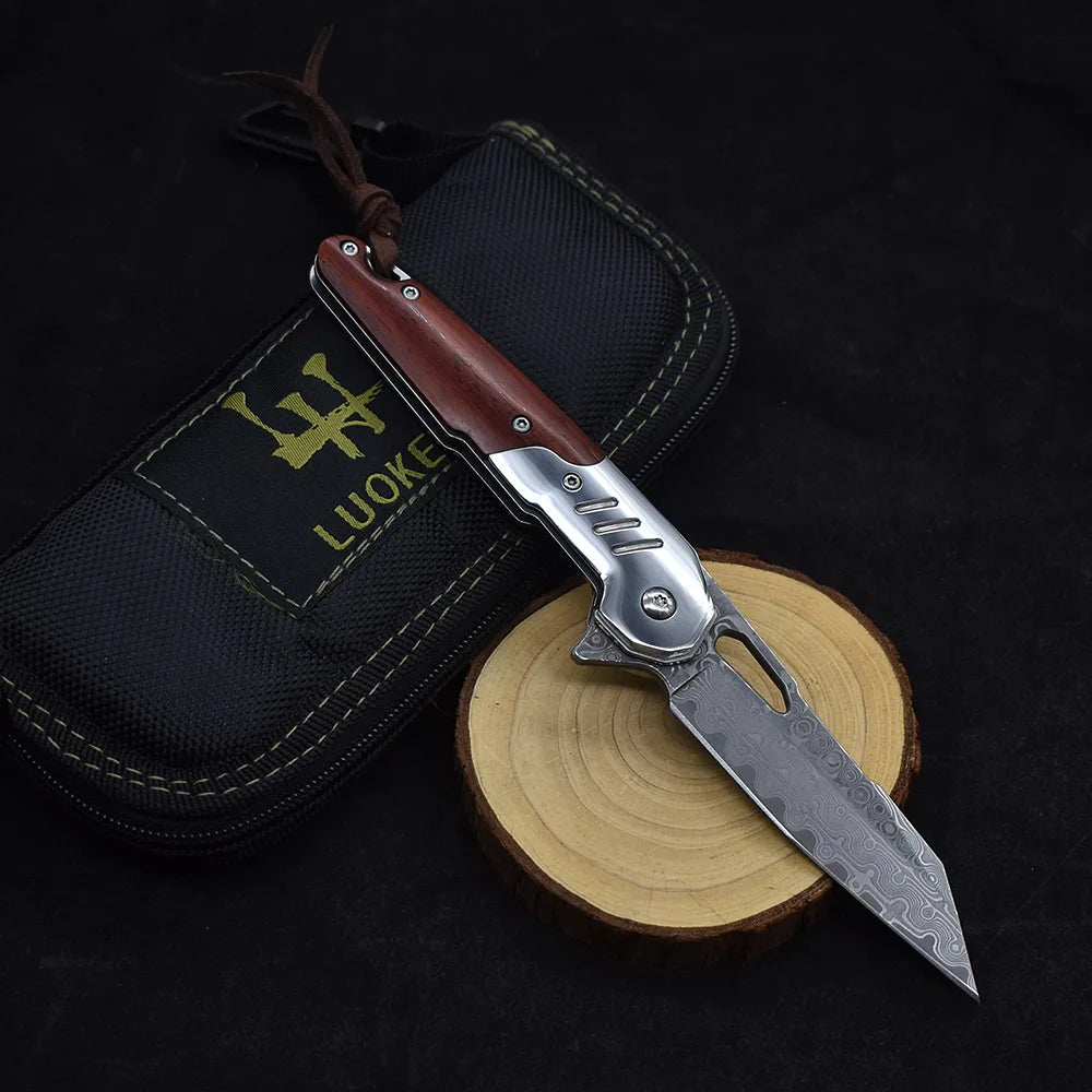 Damascus Steel Rosewood+steel Handle Ball Bearing Knife Outdoor Fishing Hiking Portable Pocket Knife