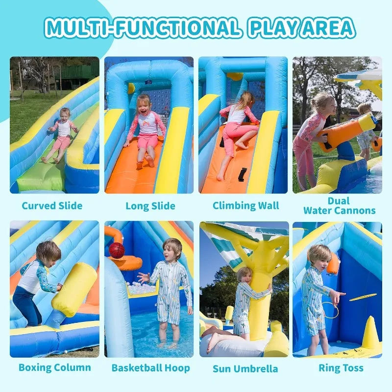 Inflatable Water Park for Kids, 16.4 ft × 14.1 ft Large Backyard Water Slides with Dual Slides, Dual Water Guns & Climbing Wall