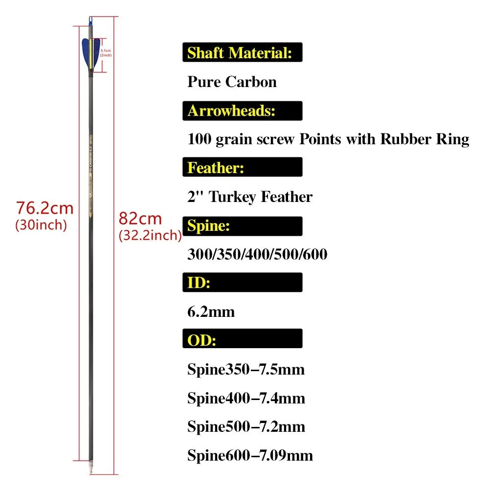 Carbon Arrows 32 Inch Spine 500/600 Pure Carbon Shaft with 2 Inch Feathers for Outdoor Hunting Shooting Compound Recurve Bow