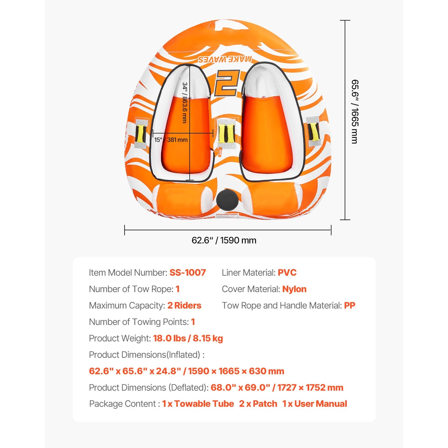 Towable Tubes for Boating 2 Person Inflatable Boat Tubes and Towables with 2 Cockpits 340 lbs Water Sport Tube for Boat