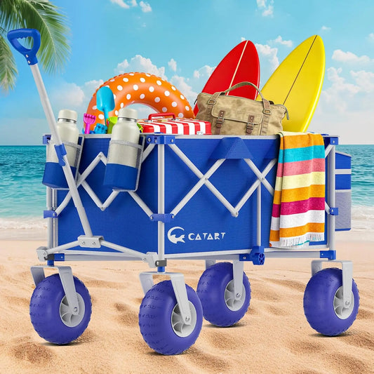 400LBS Heavy Duty Beach Wagon with 9" All-Terrain Inflatable Wheels, Foldable Utility Cart for Sand, Camping, Grocery - Blue