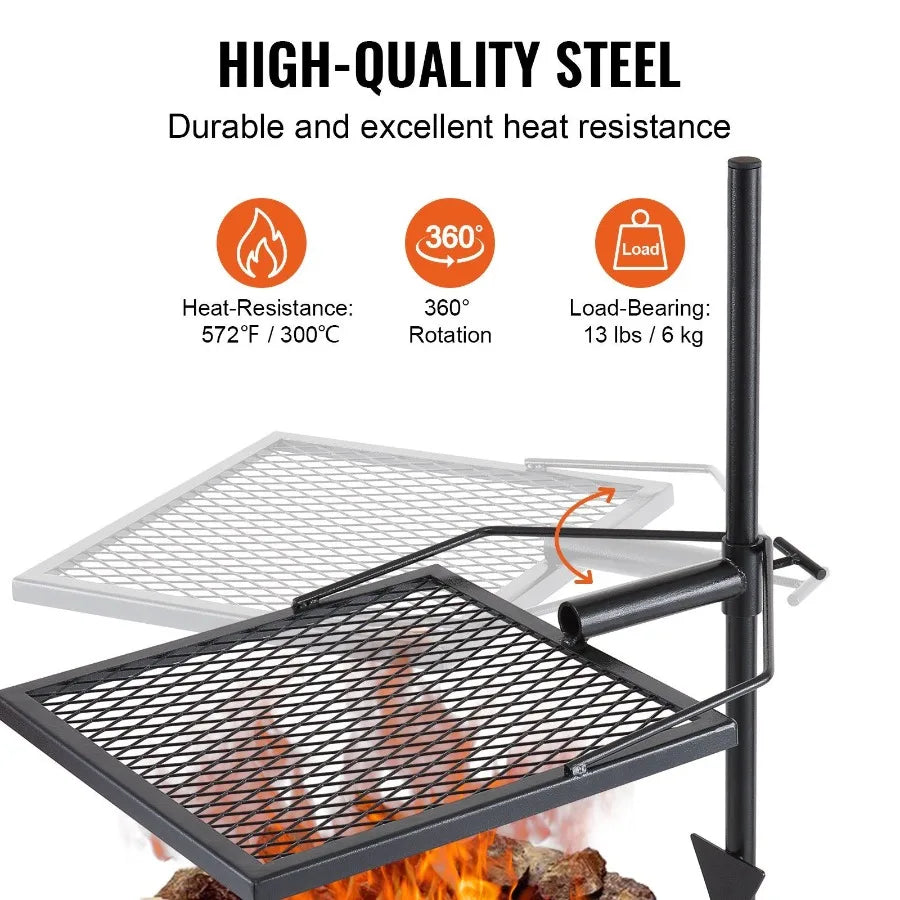 Swivel Campfire Grill for Fire Pits Heavy Duty Steel 360 Adjustable Outdoor Cooking Grate Portable Camp Fire Rack in Black Dura