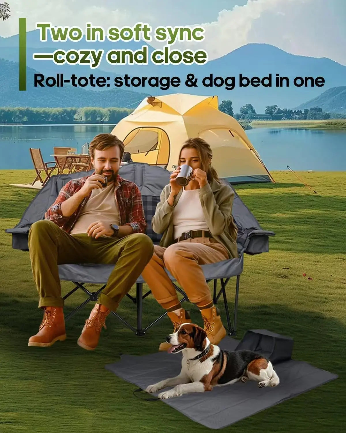 Oversized 2-Person Camping Chair with Padded Loveseat, Cup Holders, and Carry Bag for Patio Beach