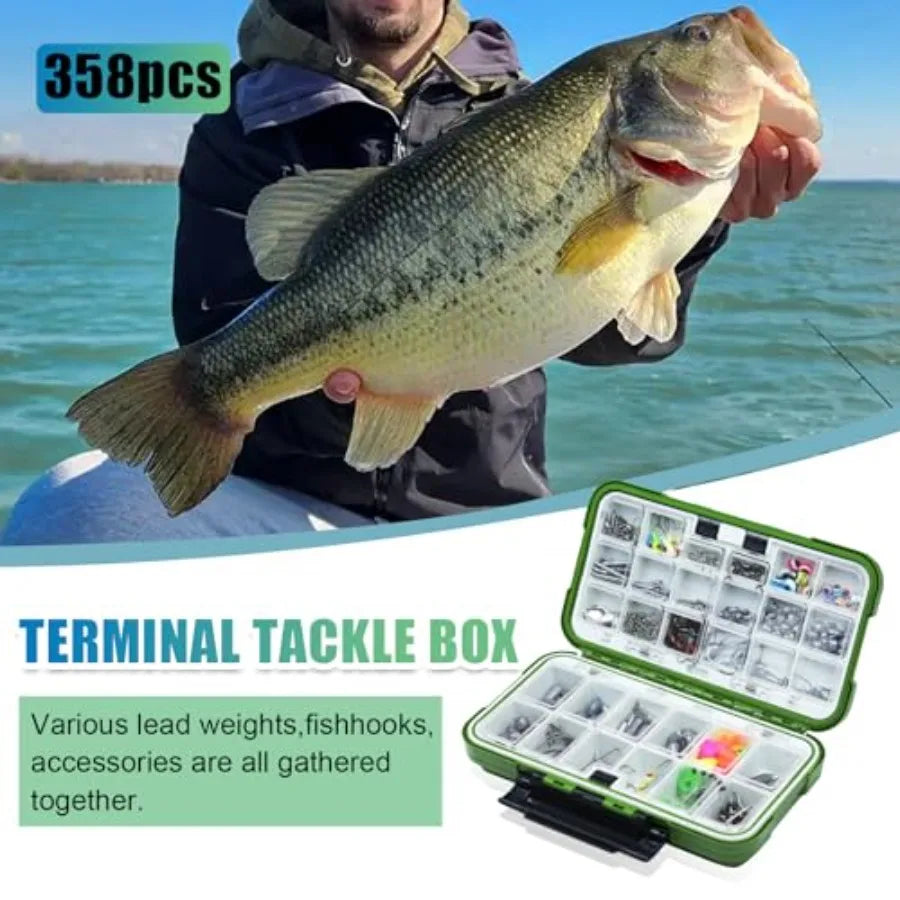 Fishing Backpack with Tackle Box - 358 Pcs Complete Fishing Tool Kit and Accessories Bundle for Anglers Includes Bait, Hooks, S