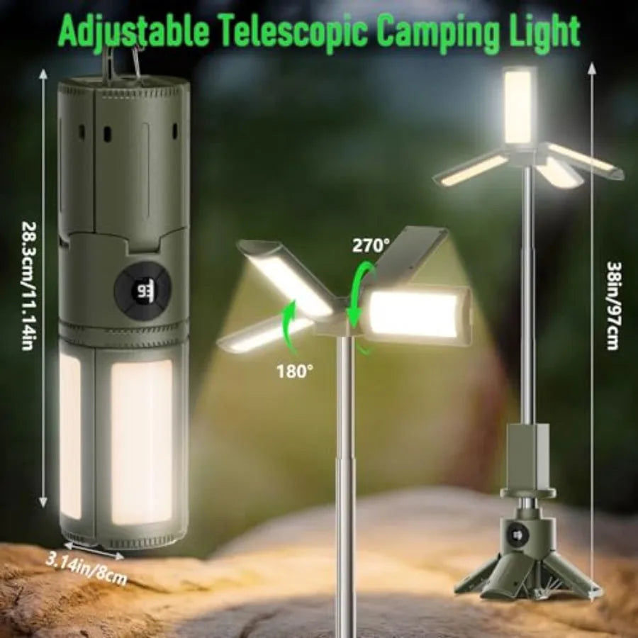 Telescopic Camping Lights with Stand, 14000mAh Rechargeable Camping Lantern with Display, Hook and IPX5 Waterproof, Outdoor Por