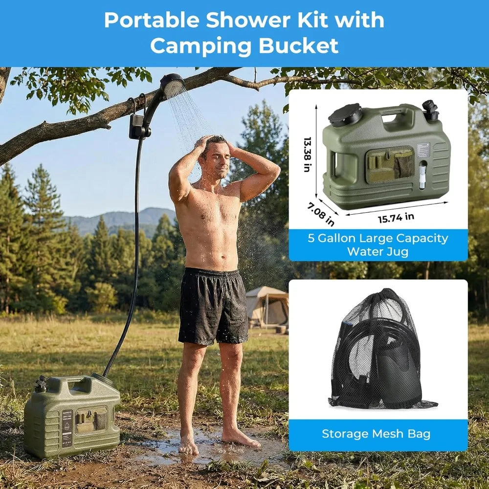 Portable Camping Shower Kit with 5 Gallon Water Jug, 8000mAh Rechargeable Pump, IPX8 Waterproof, 5 Pressure Modes, BPA Free for Camping, Hiking, Beach, Pet Bathing, Car Washing