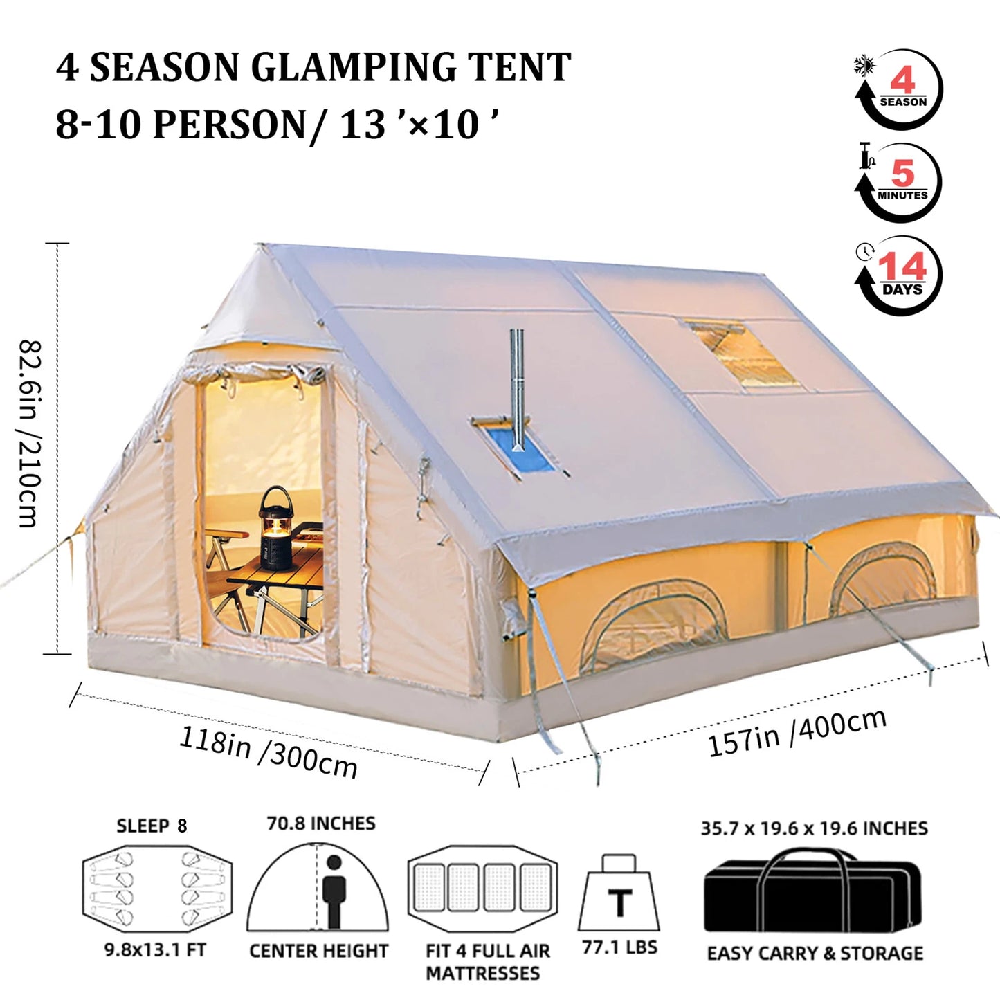 Portable Inflatable Camping Tent 2/4/6/8 Person for Family 420D Oxford Inflatable Tent House with Skylight 4 Seson Blow up Tent with Stove Jack AC Vent Mesh Window