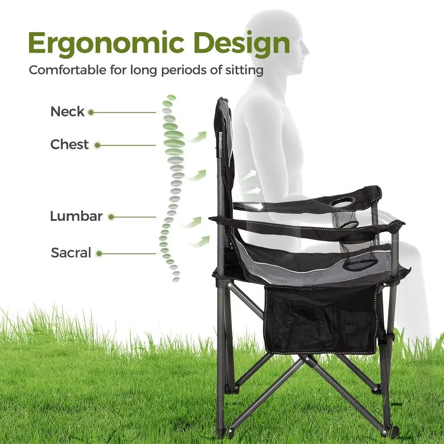 Oversized Camping Folding Chair Heavy Duty Steel Frame Support 350 LBS, Collapsible Padded Arm With Cup Holder, Quad Lumbar Back