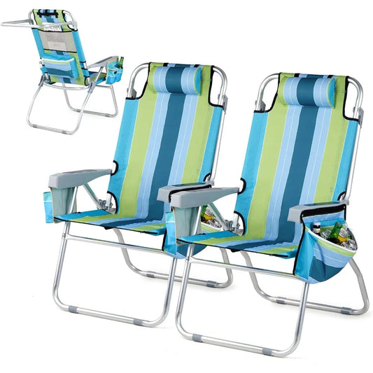 Tall Beach Chair 2 Pack, with 5-Position, Cooler Bag, Cup Holders,Towel Bar, Lightweight Folding Beach Camping Chairs for Adults