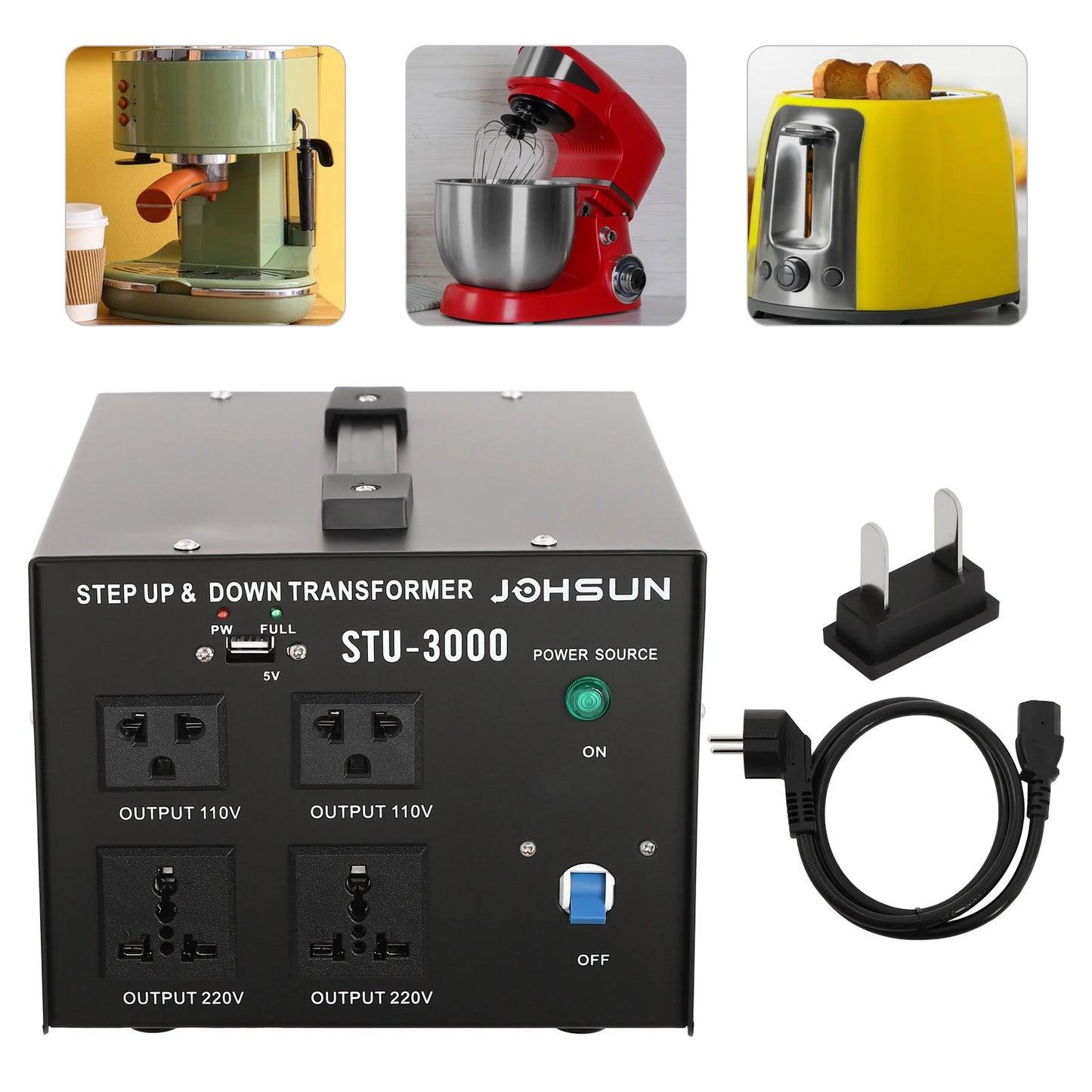 Voltage Converter Transformer 3000VA 2400W Step Up Down 110V 220V with 4 Outlets 2 Universal 2 US for Coffee Maker Rice Cooker Fridge Black EU Plug