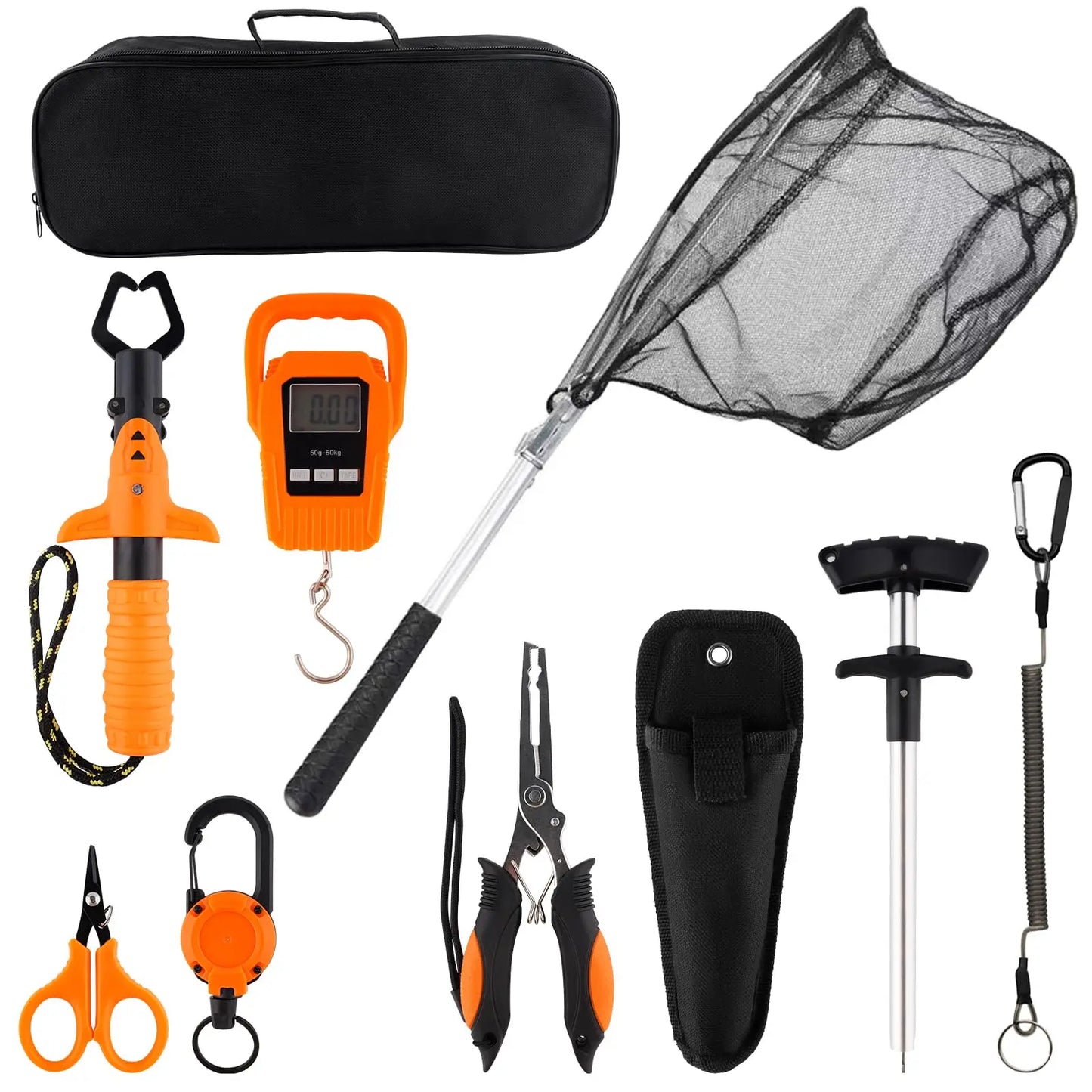 10Pcs Fishing Accessory Tool Set Foldable Landing Net Pliers Gripper Scale Scissors with Carry Bag Outdoor Angling Gift