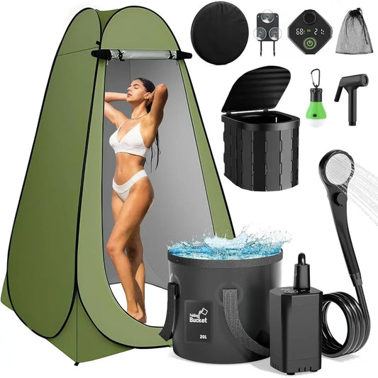 Portable Camping Shower, Pop Up Privacy Tent Kit with LED Light and Foldable Toilet, 6000mAh LCD Screen Shower Pump, 5.3 Gallons