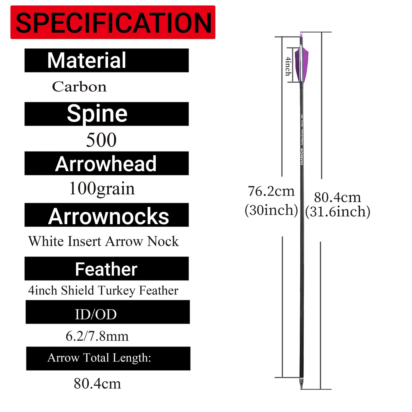 Spine500 Archery Mixed Carbon Arrows ID6.2mm OD7.8mm Shaft 100 Gr Arrowheads 4"Turkey Feather Archery Bow Hunting Shooting 12pcs