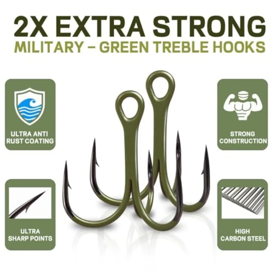 Treble Fishing Hooks for Lures, High Carbon Steel, Silver, 2X Strong Sharp Barbed Round Bend, Freshwater Saltwater Use