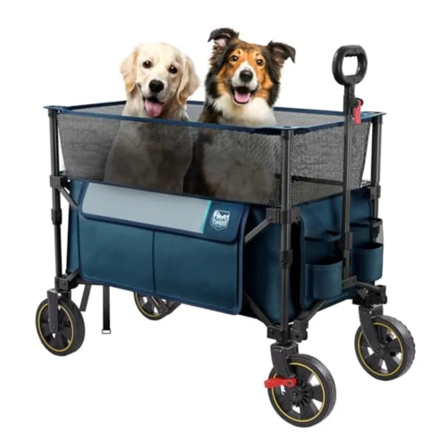 Outdoor camping utility wagon: 350L extra large collapsible folding cart with brake, heavy duty steel frame, blue color, extend