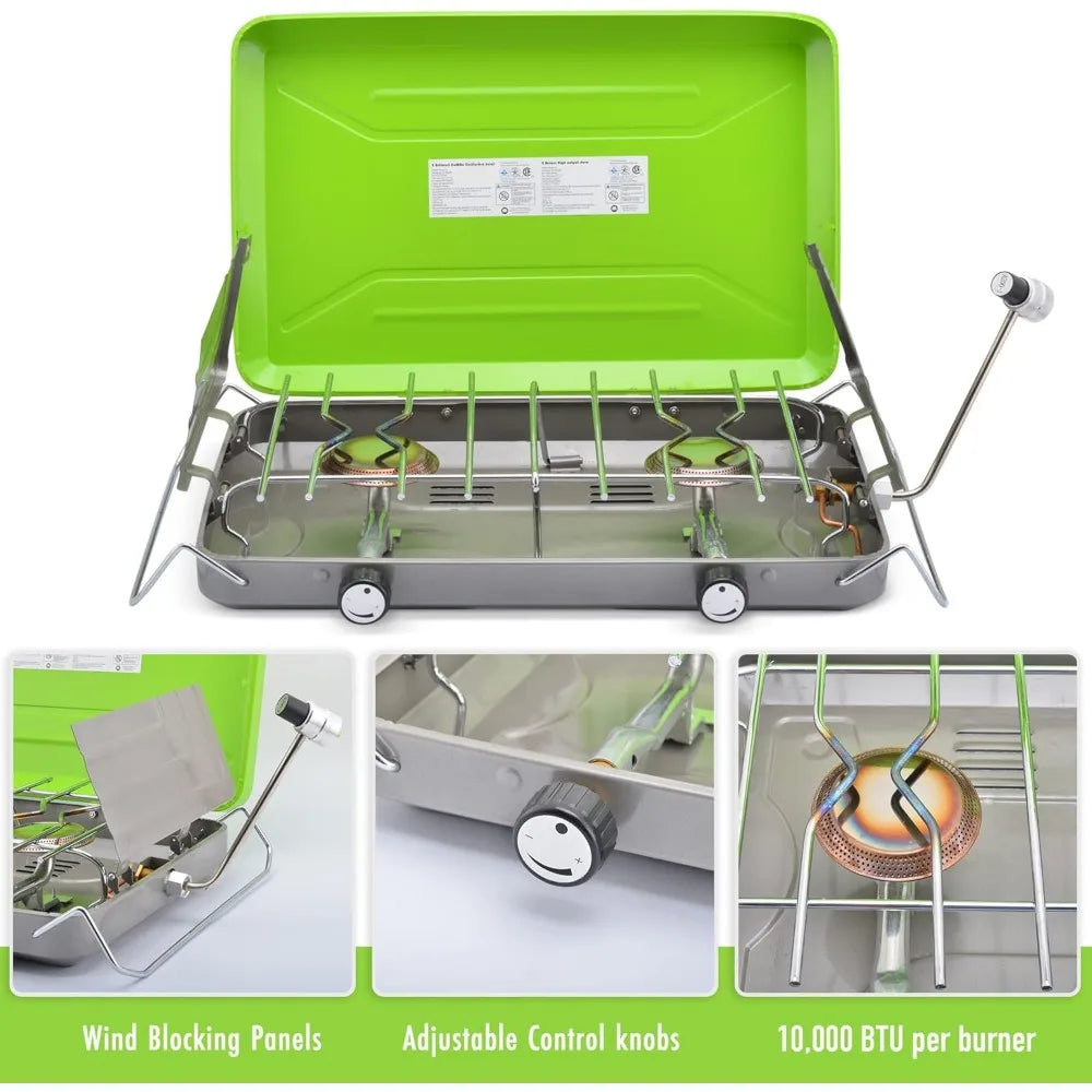 Dual Burner Portable Camping Stove Grill for Outdoor Cooking Backpacking Fits 1LB Propane Bottle