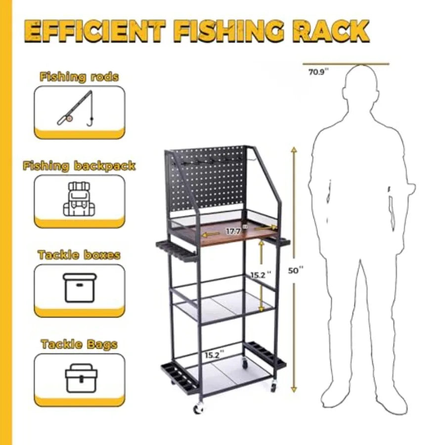 Fishing Rod Holders for Garage Fishing Pole Holders Up to 12 Rods with Pegboard and Hooks Rolling Fishing Cart with Wheels Fish