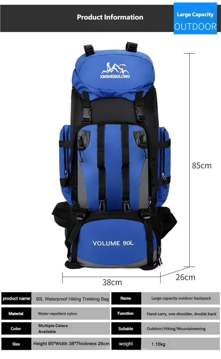 90L Waterproof Hiking Backpack Camping Rucksack Large Capacity Travel Outdoor Sports Bag for Trekking Backpacking and Adventure