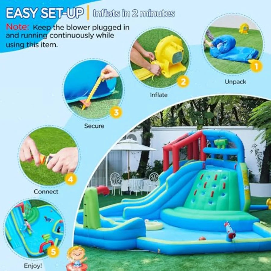Inflatable Water Slide for backyard use, PVC material, blue and yellow color, 9-in-1 extra long combo with climbing wall, dual